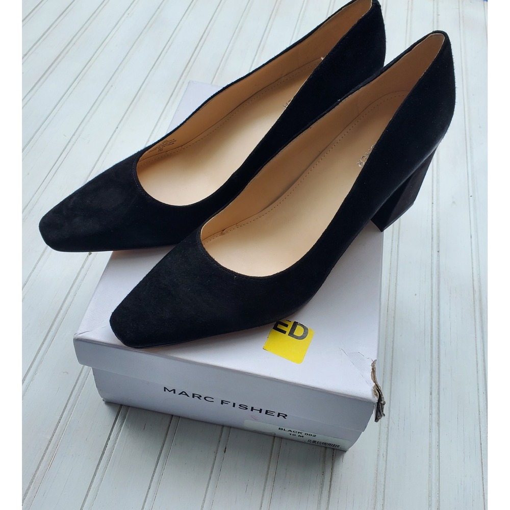 Marc Fisher Keri Black Suede Pointed Toe Block Heel Pumps New in Box
